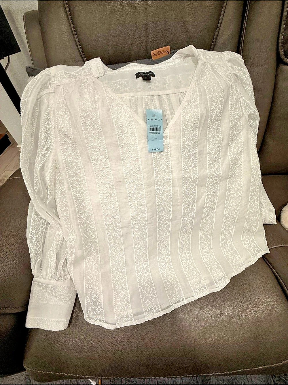 Ann Taylor Lace Stripe Blouse in White Large Petite NWT